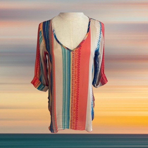 KLd Signature V-Neck Multi Stripe Hi-Lo Top Size Small - Picture 1 of 7